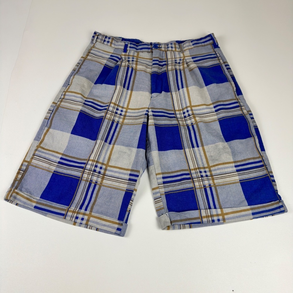 Trust Mens Plaid Shorts W36 Blue Tan Linen Rayon Blend Pleated Cuffed Summer